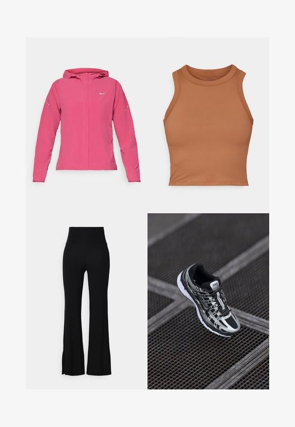 Roza Nike jakna z zadrgo spredaj, kapuco, dolgimi rokavi z elastičnimi manšetami in odsevnimi detajli na rokavih. Gladek tekstilni material.; Rjava, brezrokavna kratka majica iz gladkega materiala. Ima visok ovratnik in tesno obrobljene robove za prilega obliko.; Črne široke hlače iz raztegljive tkanine, z visokim pasom in gladko teksturo. Rob se nežno širši od kolena.; Nike tekaške čevlje s črno-srebrno barvno shemo, mrežastim zgornjim delom, teksturiranim podplatom in sistemom vezalk za varen oprijem.