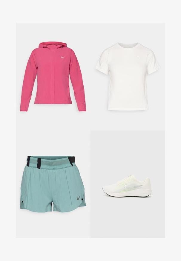 Rosa Nike jakke med glidelås foran, hette, lange ermer med elastiske mansjetter og reflekterende detaljer på ermene. Jevn stoffstruktur.; Lett, hvit T-skjorte med korte ermer, rund hals, og en liten logo i øvre venstre hjørne. Glatt stoff med en subtil glans.; ASICS METARUN SPLIT SHORT - Sports shorts - celadon; Nike Performance DOWNSHIFTER 13 - Løpesko for vei - sail/silver-coloured photon dust/summit white/barely volt/black