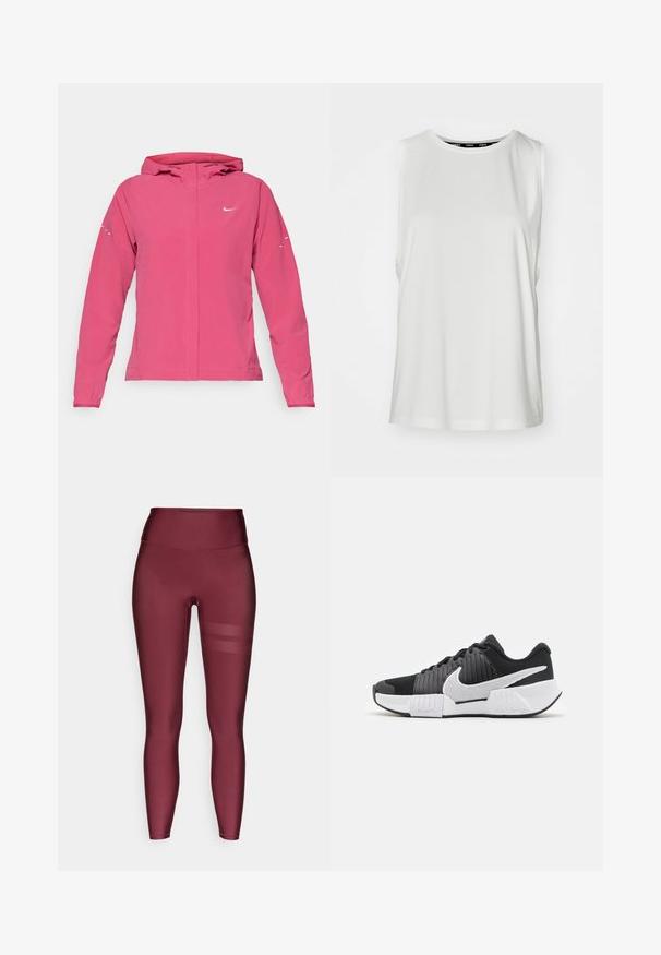 Jachetă roz Nike cu fermoar în față, glugă, mâneci lungi cu manșete elastice și accente reflectorizante pe mâneci. Textură de tecido neted.; Top alb fără mâneci, realizat dintr-un material neted, cu un guler rotund, croială lejeră și tiv curat. Fără modele vizibile sau embellishments.; Leggings lungi de culoare burgund cu talie înaltă, confecționați dintr-un material neted și elastic, având dungi orizontale din plasă pe laterale.; Adidași negri și albi, cu un superior texturat, logo-ul Nike proeminent și un design al tălpii în contrast pentru o aderență și stabilitate îmbunătățite.