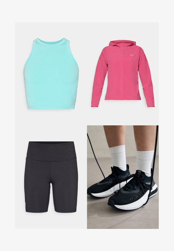 Rosa Nike-jakke med lynlås foran, hætte, lange ærmer med elastiske manchetter og reflekterende detaljer på ærmerne. Glat stofstruktur.; Lyseblå cropped top lavet af strækbart bomuld, med høj halsudskæring og ærmeløs design, der har en glat tekstur og jævne syninger.; Sorte atletiske shorts lavet af strækbart stof, med en høj talje og flade syninger. Designet til komfort og bevægelighed.; Sorte sportssko med tekstureret stof, hvid sål og sorte snørebånd. Båret med hvide ribbede sokker, stående på en lys overflade.