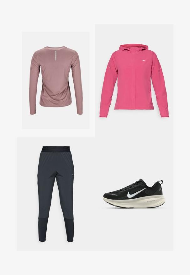 Rosa Nike-Jacke mit Reißverschluss vorne, Kapuze, langen Ärmeln mit elastischen Bündchen und reflektierenden Akzenten an den Ärmeln. Glatte Stoffstruktur.; Langärmliges Hemd aus weichem rosa Stoff, mit einem strukturierten Muster und Rundhalsausschnitt. Etikett auf der Rückseite zeigt "Swedemount."; Dunkle graue Nike Sporthosen mit einem schmal zulaufenden Bein-Design, elastischem Bund und Akzentdetails in der Nähe der Bündchen.; Schwarzer Nike-Laufschuh mit atmungsaktivem Mesh-Obermaterial, weißem Swoosh-Logo, strukturierten Details und einer cremefarbenen ZoomX-Zwischensohle.