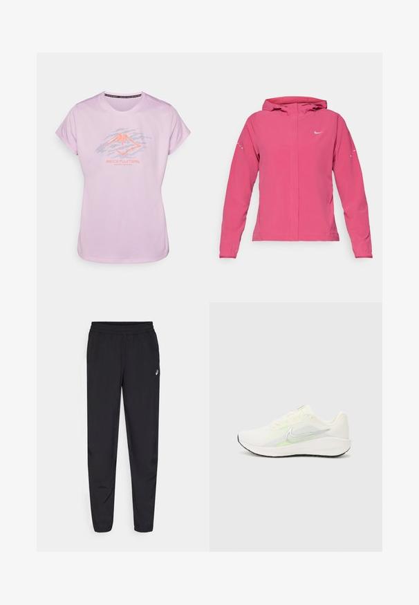 Rozā Nike jaka ar rāvējslēdzēju priekšpusē, kapuci, garām piedurknēm ar elastīgām aprocēm un atstarojošiem akcentiem uz piedurknēm. Gluda auduma tekstūra.; Gaiši rozā sporta T-krekls ar grafisku kalnu logo tumši pelēkā un neona oranžā krāsā. Īsās piedurknes, apaļa kakla izgriezums, gluda tekstūra.; Melni sporta bikses ar elastīgu jostu, konusveida kājām ar aprocēm, izgatavotas no viegla, gluda materiāla, ar mazu logotipu uz augšstilba.; Nike Performance DOWNSHIFTER 13 - Apavi skriešanai pa asfaltu - sail/silver-coloured photon dust/summit white/barely volt/black