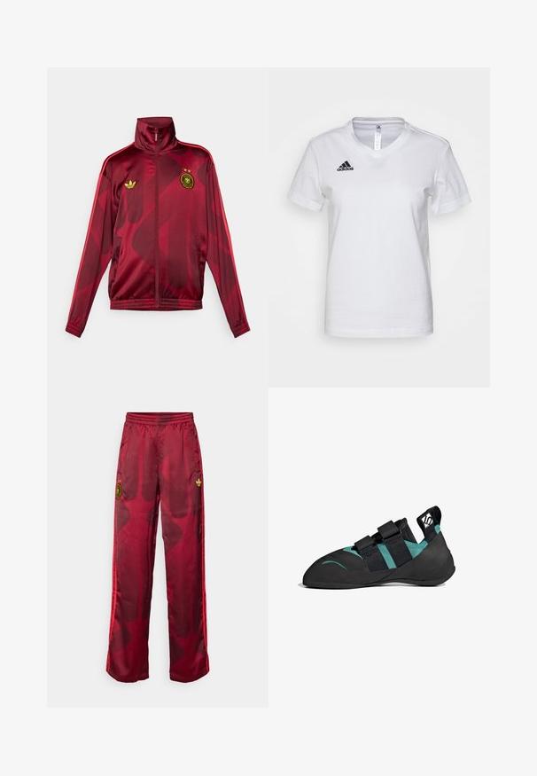 Červená sportovní bunda s vysokým límcem, s geometrickým vzorem, zeleným logem Adidas a emblémem se dvěma hvězdičkami na prsou.; Bílý bavlněný tričko s výstřihem ve tvaru V, krátkými rukávy a černým logem Adidas na levé straně hrudníku. Hladký materiál, klasický střih.; Červené tepláky s gradientním designem, se zlatým emblémem a třemi červenými pruhy po stranách. Vyrobené z hladkého, lehkého materiálu.; Černé lezecké boty s špičatou špičkou, dvojitými pásky na suchý zip, smaragdově zelenými akcenty a strukturovanou gumovou podrážkou pro lepší přilnavost.