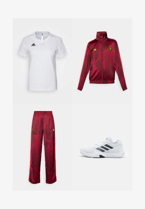 Red track jacket with a high collar, featuring a geometric pattern, green Adidas logo, and an emblem with two stars on the chest.; White cotton t-shirt with a V-neck design, short sleeves, and a black Adidas logo on the left chest area. Smooth texture, classic fit.; Red track pants with a gradient design, featuring a gold emblem and three red stripes down the sides. Made from smooth, lightweight material.; White athletic shoe with mesh upper, three black stripes on the side, textured accents, and a sturdy rubber sole with a contrasting black section.