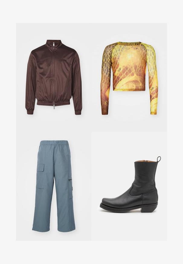 Braune Bomberjacke aus glänzendem Material mit hohem Kragen, Frontreißverschluss, elastischen Bündchen und Taillenbund. Minimalistisches Branding auf der Brust.; Langärmliges, cropped Oberteil aus einem leichten, glatten Material mit einem gelb-braunen, abstrakten Muster, das an Schuppen und Texturen erinnert.; Blaue Cargo-Hosen aus weichem Stoff, mit lockerer Passform, elastischem Bund, mehreren Taschen und nahtlosem Seitenmaterial.; Schwarze Leder-Stiefelette mit glatter Oberfläche, schlankem Profil, seitlicher Naht und niedrigem, quadratischen Absatz. Verfügt über eine Zuglasche an der Rückseite.