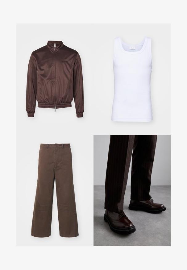 Hnědá bomber bunda vyrobená z lesklé látky s vysokým límcem, předním zipem, elastickými rukávy a pasem. Obsahuje minimální značení na hrudi.; Bílé bavlněné tílko bez rukávů s kulatým výstřihem, s hladkou texturou a přiléhavým střihem, navržené pro volnočasové nošení.; Hnědé kalhoty s širokými nohavicemi vyrobené z odolné bavlny. Mají přední náprsní kapsy a vyztužené detaily na kolenou pro zvýšení funkčnosti.; Hnědé kožené šněrovací boty s lesklým povrchem, černou gumovou podrážkou a jemným štepováním. Nosené s hnědými pruhovanými kalhotami.