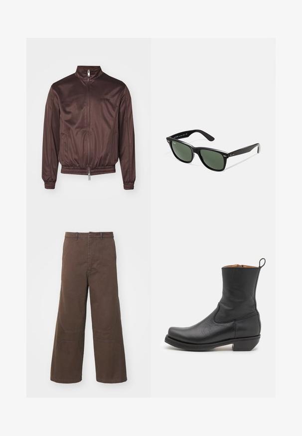 Bruine bomberjack van glanzende stof met een hoge kraag, een rits aan de voorkant, elastische manchetten en tailleband. Heeft minimale branding op de borst.; Lange mouwen, geribbelde top in donkergroen, met een ronde halslijn en rechte zoom. Gemaakt van zachte stof, met minimale naden en geen zichtbare patronen.; Bruine wijde broek van duurzaam katoen. Voorzien van voorzakken en versterkte kniedetails voor extra functionaliteit.; Zwarte leren enkelboot met een gladde textuur, slank profiel, zijkanten met stiksels en een lage vierkante hak. Voorzien van een trekband aan de achterkant.; Zwarte plastic zonnebril met groene lenzen, vierkante montuur, zilveren accent op de wenkbrauw en een gestructureerde tempel. Merken vermeld op de binnenkant van de arm.