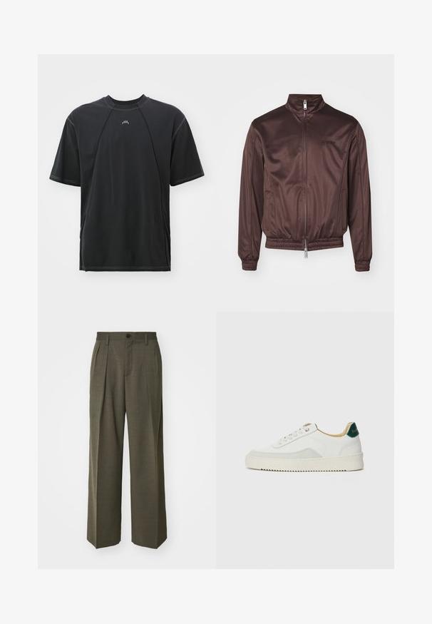 Veste aviateur marron en tissu brillant avec un col montant, fermeture éclair à l'avant, poignets élastiques et ceinture élastique. Présente un branding minimaliste sur la poitrine.; T-shirt noir à manches courtes avec un col rond, doté de coutures contrastées et d'un petit logo sur la poitrine. Fabriqué en coton doux.; Filippa K WIDE TROUSERS - Pantalon classique - driftwood; Baskets blanches avec des accents en daim, bout arrondi, lacets plats et semelle en caoutchouc crème. Présente une marque verte sur le talon.
