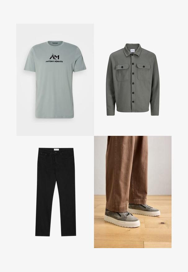 Pilkas, audinys švarkelis su mygtukų uždarymu priekyje, dviem krūtų kišenėmis su sklendėmis ir klasikinio stiliaus apykakle. Juodi mygtukai pabrėžia kontrastą.; Šviesiai pilkas medvilnės marškinėlių pobūdis su trumpomis rankovėmis ir apvaliu iškirpimu. Priekyje yra juodas "ANTONY MORATO" logotipas su stilizuotais rašmenimis.; Juodos tiesios kojų džinsai su penkių kišenių dizainu, mygtuko ir užtrauktuko uždarymu bei "Pier One" prekės ženklo etikete ant juosmens.; Rudos plačios kojos kelnes vilki pilki suede sportbačiai su juodomis vaškuotomis raištelėmis ir baltomis storomis guminėmis padais ant medinių grindų.