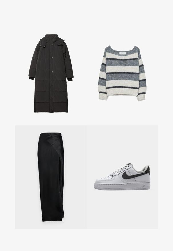 Manteau long noir rembourré avec un col haut, des boutons-pression, des poignets élastiques et un motif matelassé. Matériau lisse et léger.; Pull en tricot à coupe décontractée avec des rayures horizontales grises et blanches. Texture douce, grand col et poignets côtelés.; Jupe maxi en satin noir avec une fente sur le côté, texture lisse et design drapé. Présente une taille haute et une silhouette fluide.; Sneaker en cuir blanc avec accents gris, bout rond, surface texturée, col rembourré et logo swoosh noir contrastant. Semelle avec coussin d'air.