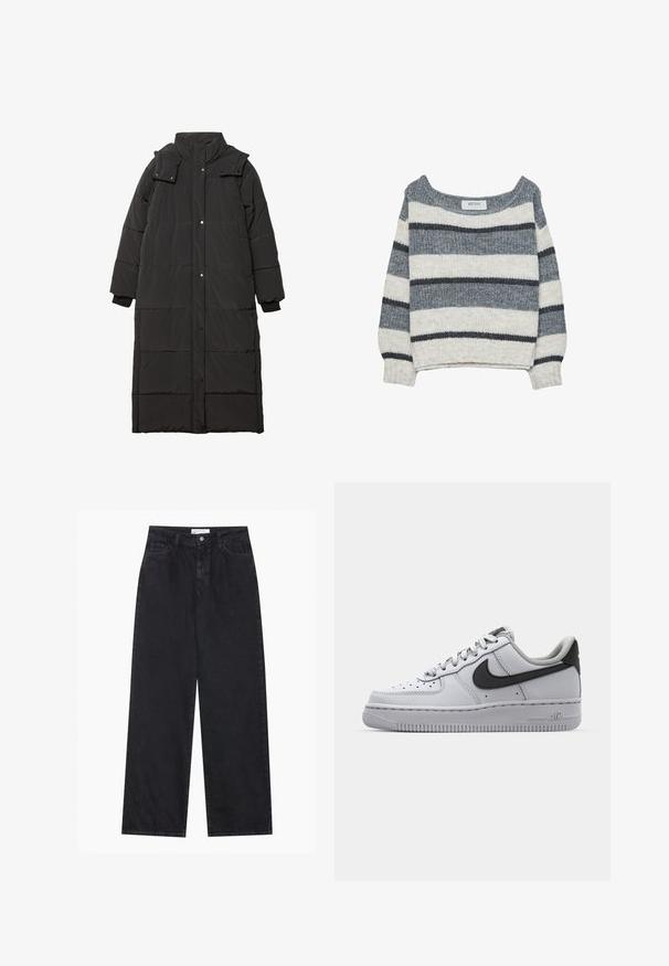 Cappotto lungo imbottito nero con colletto alto, bottoni a pressione, polsini elasticizzati e motivo trapuntato. Materiale liscio e leggero.; Maglione lavorato a maglia con una vestibilità ampia, caratterizzato da righe orizzontali grigie e bianche. Tessuto morbido, scollatura ampia e polsini a coste.; Jeans in denim neri a vita alta, a gamba larga, con chiusura frontale a bottoni e zip, passanti per la cintura e stile a cinque tasche.; Sneaker bianco in pelle con dettagli grigi, punta rotonda, superficie testurizzata, colletto imbottito e logo swoosh nero a contrasto. Suola con air-cushion.