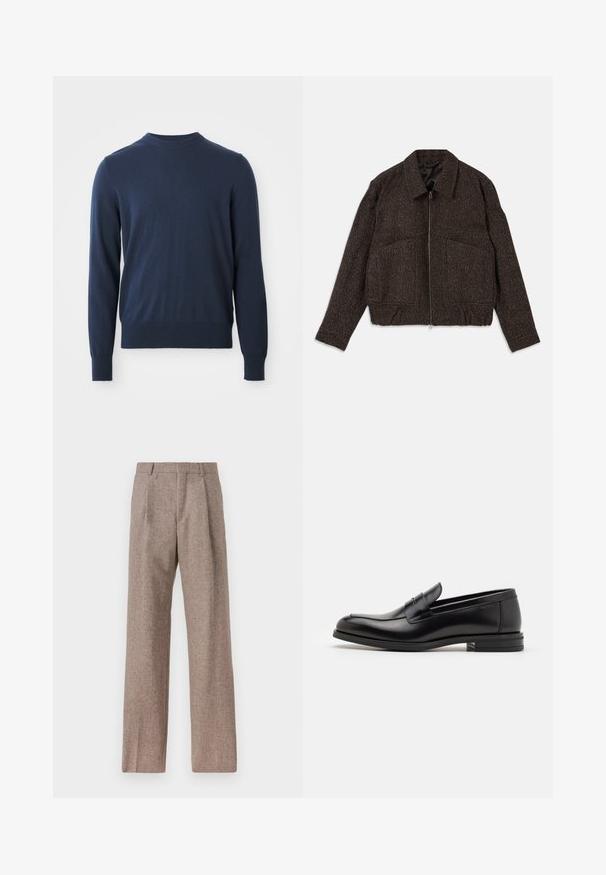 Brązowa kurtka o teksturowej strukturze z zamkiem błyskawicznym, kołnierzem, dwoma przednimi kieszeniami i dopasowaną talią. Materiał wydaje się być tkany z delikatnym wzorem.; Granatowy sweter z długim rękawem i okrągłym dekoltem, z ribbingu na mankietach i dolnym końcu, prezentowany na białym tle.; Brązowe, wysokiej talii spodnie wykonane z teksturowanej tkaniny. Posiadają szerokie nogawki i dwa przednie zakładki dla lepszej struktury. Starannie wykończone, bez widocznych elementów metalowych.; Czarne skórzane mokasyny o gładkiej fakturze, zaokrąglonym nosku i dekoracyjnym pasku na przodzie. Niski, warstwowy obcas, minimalistyczny design.