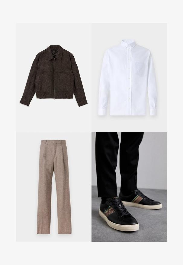 Pruun tekstuuriga jakk, millel on tõmblukk, kaelus, kaks esikotiga ja keha lähedal pas tunde. Materjal näib olevat kootud peene mustriga.; Valge pikamaa varrukatega nööbiga särk, mis on valmistatud puuvillast ja millel on rinna tasku toon-toonis brodeeringuga, krae ja nööbiga mansetid.; Prunnid, kõrge vöökohaga püksid, mis on valmistatud tekstureeritud kangast. Omavad laiu jalgu ja kahte eesmist voldikut struktuuri jaoks. Korralik viimistlus, ilma nähtava riistvarata.; Mustad nahast spordijalatsid mitmevärviliste triipudega aktsentide, ümmarguse nina, ja valgete kummist talladega, omades paeladese disaini ja volditud brändimist.