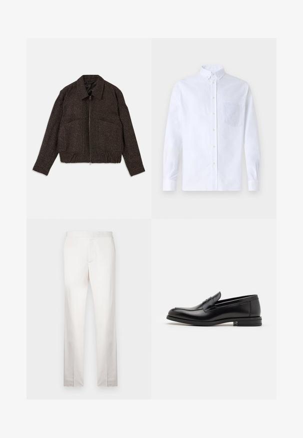 Brown textured jacket with a zip closure, collared neck, two front pockets, and a fitted waist. Material appears woven with a subtle pattern.; White long-sleeve button-up shirt made of cotton, featuring a chest pocket with tonal embroidery, a collar, and button cuffs.; Light beige tailored trousers with a smooth texture, straight legs, a flat front, and minimal stitching detail. No visible pockets.; Black leather loafers with a smooth texture, rounded toe, and a decorative strap across the vamp. Low stacked heel, minimalist design.