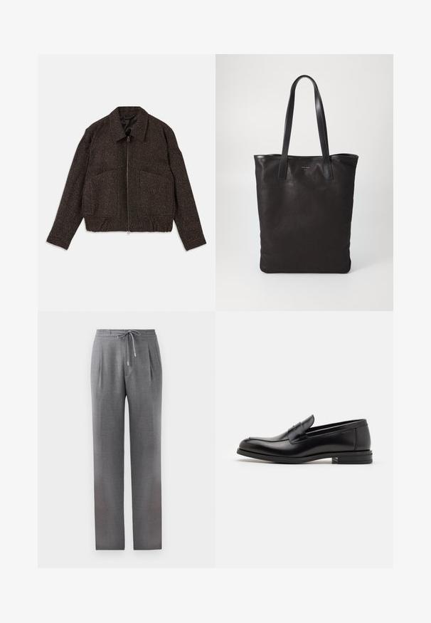 Brown textured jacket with a zip closure, collared neck, two front pockets, and a fitted waist. Material appears woven with a subtle pattern.; White long-sleeve button-up shirt made of cotton, featuring a chest pocket with tonal embroidery, a collar, and button cuffs.; Gray, tailored trousers with a drawstring waist, pleats, and straight legs. Fabric texture is smooth, with a subtle patterned finish.; Black leather loafers with a smooth texture, rounded toe, and a decorative strap across the vamp. Low stacked heel, minimalist design.; Black canvas tote bag with black leather handles. Simple design, spacious body, and a smooth texture. No visible logos or patterns.