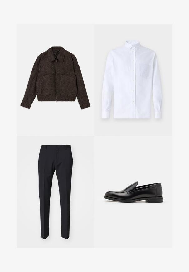 Hnědá texturovaná bunda se zipem, límečkem, dvěma předními kapsami a přiléhavým pasem. Materiál vypadá tkaný s jemným vzorem.; Bílá dlouhá košile s knoflíky vyrobená z bavlny, která má náprsní kapsu s tónovanou výšivkou, límec a knoflíkové manžety.; Tmavě modré kalhoty s úzkým střihem. Vyrobené z hladké, texturované látky, s plochým předním zdvihem, poutky na opasek a bočními kapsami.; Černé kožené polobotky s hladkou texturou, zaoblenou špičkou a zdobným páskem přes nárt. Nízký stohovaný podpatek, minimalistický design.