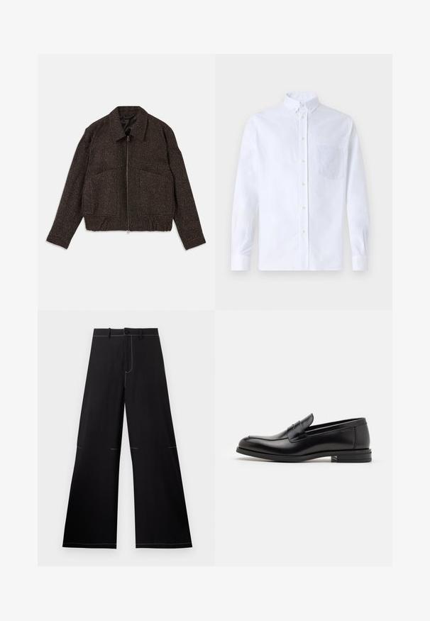 Rjava teksturirana jakna z zadrgo, ovratnikom, dvema sprednjima žepoma in oprijetim pasom. Material se zdi tkane strukture z diskretnim vzorcem.; Bela dolgo rukava srajca s kragnico, izdelana iz bombaža, z žepom na prsih in toniranimi vezeninami ter gumbi na manšetah.; Črne široke hlače z belimi šivi, opremljene z gumbom in pasom z zankami. Narejene iz lahkega materiala.; Črne usnjene loafer čevlje z gladko teksturo, zaobljenim nosom in dekorativnim trakom čez zgornji del. Nizka zložena peta, minimalističen dizajn.