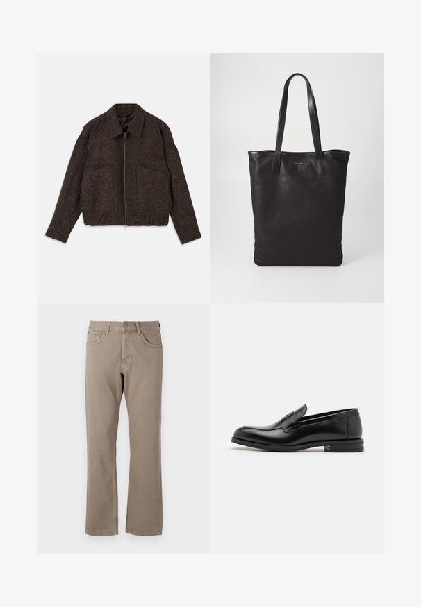 Pruun tekstuuriga jakk, millel on tõmblukk, kaelus, kaks esikotiga ja keha lähedal pas tunde. Materjal näib olevat kootud peene mustriga.; Valge pikamaa varrukatega nööbiga särk, mis on valmistatud puuvillast ja millel on rinna tasku toon-toonis brodeeringuga, krae ja nööbiga mansetid.; Beešid, sirgete jalgadega teksapüksid, mis on valmistatud puuvillast kangast. Neil on viis taskut, nööp ja lukuga sulgemine ning nähtavad õmblused õmblustes.; Mustad mustad nahast loafers sileda tekstuuriga, ümarat ninaosa ja dekoratiivne riba vampi üle. Madal kihiline konts, minimalistlik disain.; Mustmust kott mustade nahkade käepidemetega. Lihtne disain, avar keha ja sile tekstuur. Pole nähtavaid logosid ega mustreid.