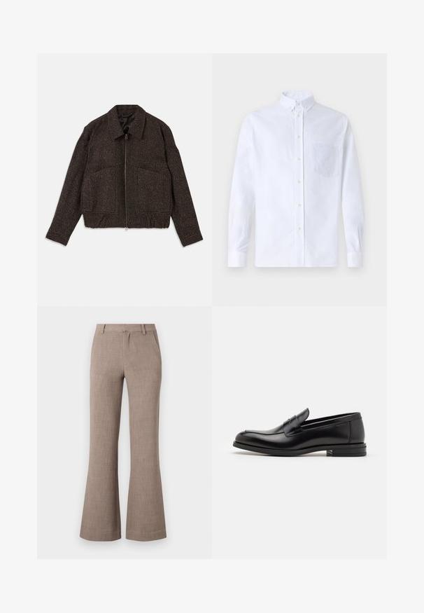 Hnedá textúrovaná bunda so zapínaním na zips, s golierom, dvoma prednými vreckami a siluetou prispôsobenou na pás. Materiál vyzerá ako tkaný s jemným vzorom.; Biely dlhý rukáv košeľa s gombíkmi vyrobená z bavlny, s náprsného vrecka s tonálnou výšivkou, golierom a gombíkovými manžetami.; Béžové zvonové nohavice vyrobené z textúrovaného materiálu, s uzáverom na zips a bočnými vreckami pre praktickosť. Strih prispôsobený postave.; Čierne kožené mokasíny s hladkou textúrou, zaoblenou špičkou a dekoračným pásikom cez priehlavok. Nízky vrstvený opätok, minimalistický dizajn.