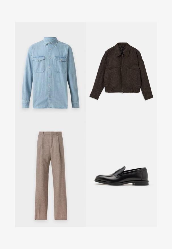 Chaqueta marrón texturizada con cierre de cremallera, cuello con solapa, dos bolsillos delanteros y cintura ajustada. El material parece ser tejido con un patrón sutil.; Camisa de mezclilla azul claro con cierre de botones en el frente, cuello puntiagudo, dos bolsillos en el pecho y puños con botones. Textura suave con un detalle mínimo.; Pantalones marrones de cintura alta hechos de una tela texturizada. Presentan piernas anchas y dos pliegues frontales para dar estructura. Acabado limpio sin hardware visible.; Mocasines de cuero negro con una textura suave, puntera redondeada y una tira decorativa en el empeine. Tacón bajo apilado, diseño minimalista.