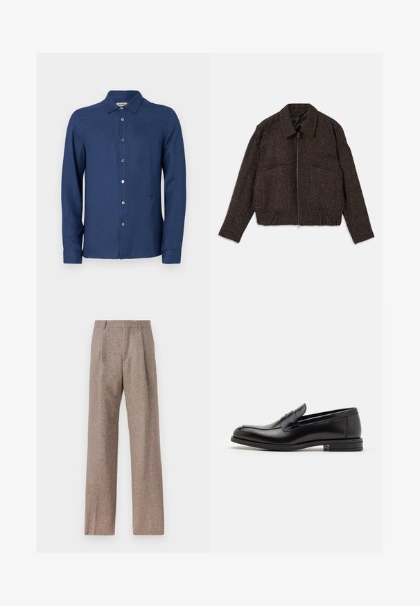 Braune strukturierte Jacke mit Reißverschluss, Kragen, zwei Vordertaschen und taillierter Passform. Das Material scheint gewebt mit einem subtilen Muster zu sein.; Marineblaues, langärmliges Hemd mit Knopfleiste aus glattem Stoff; verfügt über einen klassischen Kragen, ein dezentes Logo und eine standardmäßige Knopfleiste.; Braune, hochtaillierte Hose aus strukturiertem Stoff. Mit weitem Bein und zwei vorderen Bügelfalten für zusätzliche Form. Saubere Verarbeitung ohne sichtbare Hardware.; Schwarze Lederloafers mit glatter Textur, rundem Zehenbereich und einem dekorativen Riemen über dem Vorderfuß. Niedriger, gestapelter Absatz, minimalistisches Design.