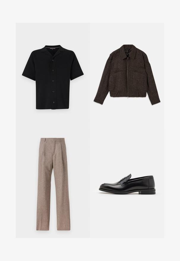 Bruin gestructureerd jack met een ritssluiting, colkraag, twee voortassen en een getailleerde taille. Het materiaal lijkt geweven met een subtiel patroon.; Zwart kortebloes met knopen gemaakt van zachte stof. Heeft een kraag en zes knopen aan de voorkant, met een rechte snit en geen zichtbare patronen.; Bruine, hooggewaisted broeken van een gestructureerde stof. Heeft wijde benen en twee voorplooien voor extra structuur. Net afgewerkt zonder zichtbare hardware.; Zwarte leren instappers met een gladde textuur, ronde neus en een decoratieve band over de wreef. Lage, gestapelde hak en minimalistisch ontwerp.
