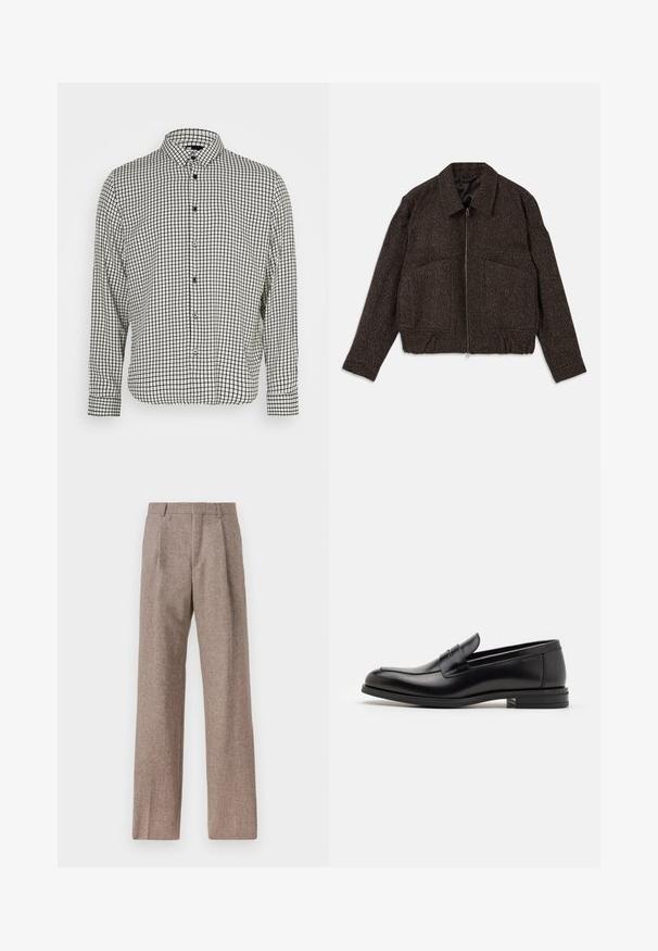 Chaqueta marrón texturizada con cierre de cremallera, cuello con solapa, dos bolsillos delanteros y cintura ajustada. El material parece ser tejido con un patrón sutil.; Camisa de botones en cuadros blancos y negros con cuello, mangas largas y dobladillo recto. Confeccionada con una tela ligera y botones negros.; Pantalones marrones de cintura alta hechos de una tela texturizada. Presentan piernas anchas y dos pliegues frontales para dar estructura. Acabado limpio sin hardware visible.; Mocasines de cuero negro con una textura suave, puntera redondeada y una tira decorativa en el empeine. Tacón bajo apilado, diseño minimalista.