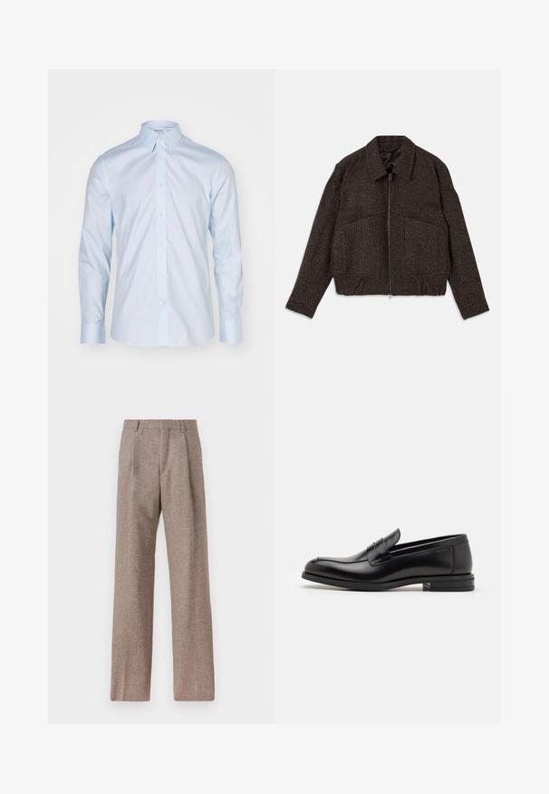 Brūns teksturēts žakets ar rāvējslēdzi, apkakli, divām priekšējām kabatām un pieguļošu vidukli. Audums šķiet austs ar smalku rakstu.; Gai zils garām piedurknēm krekls ar klasisku apkakli, pogājamu priekšu un kontrastējošām pogām; izgatavots no gludas auduma ar asas apdari.; Brūni, augstos šortos izgatavoti no teksturēta auduma. Iezīmē plašas kājas un divas priekšējās krokas, kas nodrošina struktūru. Kārtīga apdare bez redzamām detaļām.; Melnas ādas kurpes ar gludu tekstūru, noapaļu purngalu un dekoratīvu siksniņu pāri priekšpusei. Zems sakrauts papēdis, minimālisma dizains.