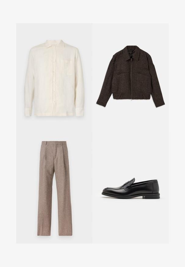 Chaqueta marrón texturizada con cierre de cremallera, cuello con solapa, dos bolsillos delanteros y cintura ajustada. El material parece ser tejido con un patrón sutil.; Camisa de lino color crema con cierre de botones, mangas largas y un bolsillo en el pecho. Presenta un cuello clásico y una textura ligera.; Pantalones marrones de cintura alta hechos de una tela texturizada. Presentan piernas anchas y dos pliegues frontales para dar estructura. Acabado limpio sin hardware visible.; Mocasines de cuero negro con una textura suave, puntera redondeada y una tira decorativa en el empeine. Tacón bajo apilado, diseño minimalista.