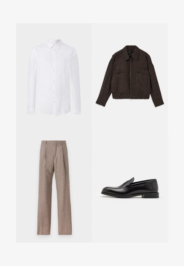 Brūns teksturēts žakets ar rāvējslēdzi, apkakli, divām priekšējām kabatām un pieguļošu vidukli. Audums šķiet austs ar smalku rakstu.; Baltas garām piedurknēm krekls, izgatavots no lina. Tam ir klasiskā apkakle, pogu aizdare un izliekts apakšmalas dizains ar teksturētu, vieglu apdari.; Brūni, augstos šortos izgatavoti no teksturēta auduma. Iezīmē plašas kājas un divas priekšējās krokas, kas nodrošina struktūru. Kārtīga apdare bez redzamām detaļām.; Melnas ādas kurpes ar gludu tekstūru, noapaļu purngalu un dekoratīvu siksniņu pāri priekšpusei. Zems sakrauts papēdis, minimālisma dizains.