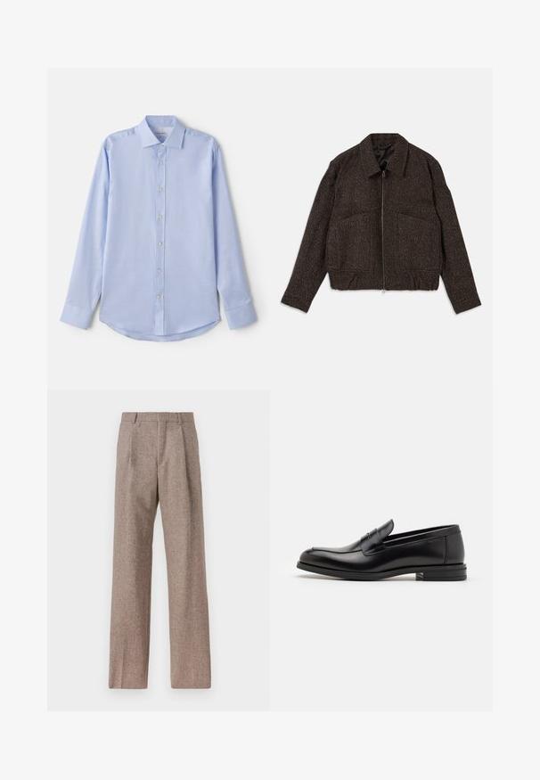 Καφέ υφασμάτινο μπουφάν με φερμουάρ, γιακά, δύο μπροστινές τσέπες και εφαρμοστή μέση. Το υλικό φαίνεται ύφαντο με υποτυπώδες σχέδιο.; Μπλε ανοιχτό μακρυμάνικο πουκάμισο από υφαντό ύφασμα, με κουμπότρυπα μπροστά, spread collar και στρογγυλεμένο στρίφωμα. Απλός σχεδιασμός με διακριτή υφή.; Καφέ παντελόνι με ψηλή μέση από υφαντό ύφασμα. Διαθέτει φαρδιές καβάτζες και δύο μανίκια μπροστά για δομή. Καθαρή φινίρισμα χωρίς ορατό εξοπλισμό.; Μαύρες δερμάτινες μπαλαρίνες με λεία υφή, στρογγυλή μύτη και διακοσμητική ταινία πάνω από το επάνω μέρος. Χαμηλός καπιτώνας, μινιμαλιστικός σχεδιασμός.