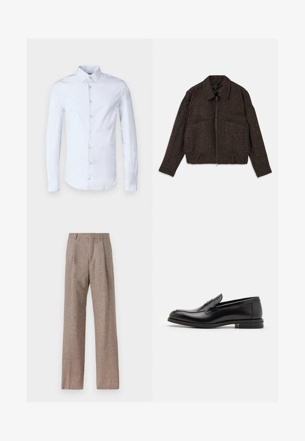 Bruin gestructureerd jack met een ritssluiting, colkraag, twee voortassen en een getailleerde taille. Het materiaal lijkt geweven met een subtiel patroon.; Lichtblauw overhemd met lange mouwen en een ingeplakte kraag, vijf knopen aan de voorkant en een gladde, licht glanzende katoentextuur.; Bruine, hooggewaisted broeken van een gestructureerde stof. Heeft wijde benen en twee voorplooien voor extra structuur. Net afgewerkt zonder zichtbare hardware.; Zwarte leren instappers met een gladde textuur, ronde neus en een decoratieve band over de wreef. Lage, gestapelde hak en minimalistisch ontwerp.