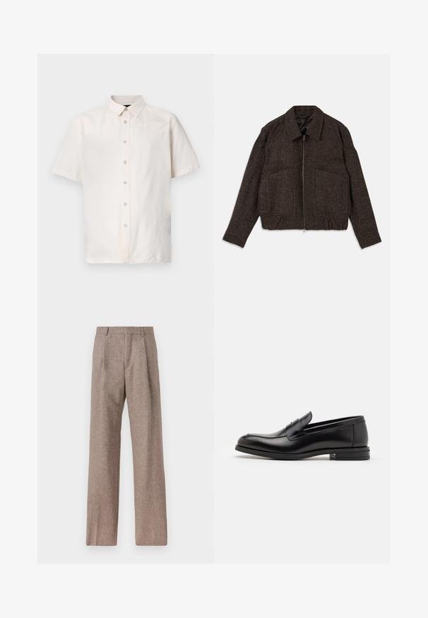 Brun texturerad jacka med dragkedja, krage, två framfickor och figurnära midja. Materialet ser ut att vara vävt med ett subtilt mönster.; Kortärmad skjorta i ljusbeige tyg, med knäppning framtill, diskret krage och enkla sömdetaljer längs sidorna.; Bruna, högmidjade byxor i texturerat tyg. Har vida ben och två framvikningar för struktur. Välavslutad utan synlig hårdvara.; Svarta läderloafers med en slät yta, rund tå och ett dekorativt band över främre delen. Låg staplad klack, minimalistisk design.