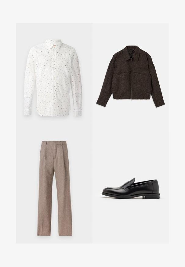 Chaqueta marrón texturizada con cierre de cremallera, cuello con solapa, dos bolsillos delanteros y cintura ajustada. El material parece ser tejido con un patrón sutil.; Camisa blanca de manga larga con un patrón repetitivo de letras coloridas, con cierre de botones en la parte delantera, cuello estándar y puños con botones.; Pantalones marrones de cintura alta hechos de una tela texturizada. Presentan piernas anchas y dos pliegues frontales para dar estructura. Acabado limpio sin hardware visible.; Mocasines de cuero negro con una textura suave, puntera redondeada y una tira decorativa en el empeine. Tacón bajo apilado, diseño minimalista.