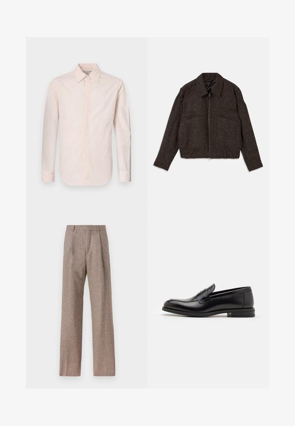 Giacca marrone con texture, chiusura con zip, colletto, due tasche frontali e vita aderente. Il materiale sembra tessuto con un motivo sottile.; Camicia a maniche lunghe rosa pallido realizzata in tessuto liscio, dotata di colletto a punte, chiusura con bottoni e orlo leggermente curvato.; Pantaloni marroni a vita alta realizzati in tessuto testurizzato. Presentano gambe ampie e due pieghe frontali per struttura. Rifinitura curata senza hardware visibile.; Mocassini neri in pelle con una texture liscia, punta arrotondata e una striscia decorativa sulla tomaia. Tacco basso impilato, design minimalista.