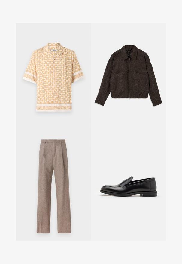 Hnědá texturovaná bunda se zipem, límečkem, dvěma předními kapsami a přiléhavým pasem. Materiál vypadá tkaný s jemným vzorem.; Krátký rukáv košile světle žluté barvy s geometrickým vzorem v krémové. Má zapínání na knoflíky v přední části a kontrastní vzorované manžety a lem.; Hnědé kalhoty s vysokým pasem vyrobené z texturované látky. Mají široké nohavice a dva přední sklady pro strukturu. Úhledné provedení bez viditelné kovových částí.; Černé kožené polobotky s hladkou texturou, zaoblenou špičkou a zdobným páskem přes nárt. Nízký stohovaný podpatek, minimalistický design.