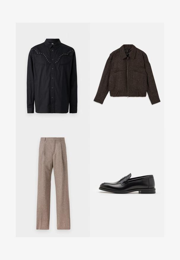 Brązowa kurtka o teksturowej strukturze z zamkiem błyskawicznym, kołnierzem, dwoma przednimi kieszeniami i dopasowaną talią. Materiał wydaje się być tkany z delikatnym wzorem.; Czarna koszula zapinana na guziki, wykonana z gładkiego materiału, z westernowym karczkiem ozdobionym metalowymi ćwiekami, dwiema kieszeniami na piersiach i długimi rękawami.; Brązowe, wysokiej talii spodnie wykonane z teksturowanej tkaniny. Posiadają szerokie nogawki i dwa przednie zakładki dla lepszej struktury. Starannie wykończone, bez widocznych elementów metalowych.; Czarne skórzane mokasyny o gładkiej fakturze, zaokrąglonym nosku i dekoracyjnym pasku na przodzie. Niski, warstwowy obcas, minimalistyczny design.