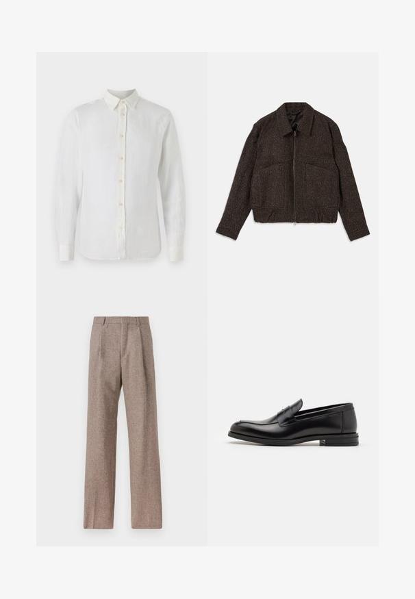Braune strukturierte Jacke mit Reißverschluss, Kragen, zwei Vordertaschen und taillierter Passform. Das Material scheint gewebt mit einem subtilen Muster zu sein.; Weißes, langärmliges Hemd aus Leinen mit Knopfleiste. Verfügt über einen klassischen Kragen, eine vordere Knopfleiste und aufgekrempelte Ärmel. Glatte, leichte Textur.; Braune, hochtaillierte Hose aus strukturiertem Stoff. Mit weitem Bein und zwei vorderen Bügelfalten für zusätzliche Form. Saubere Verarbeitung ohne sichtbare Hardware.; Schwarze Lederloafers mit glatter Textur, rundem Zehenbereich und einem dekorativen Riemen über dem Vorderfuß. Niedriger, gestapelter Absatz, minimalistisches Design.