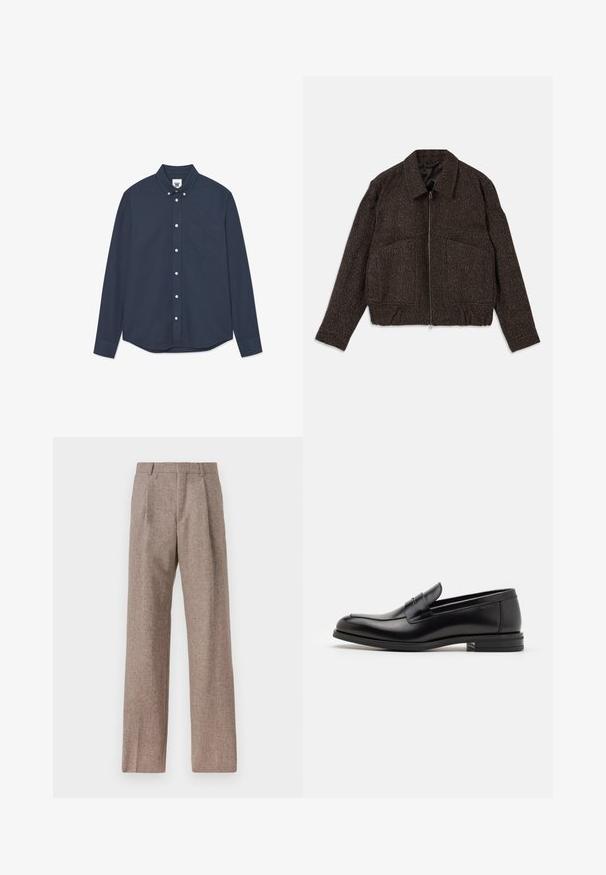 Brown textured jacket with a zip closure, collared neck, two front pockets, and a fitted waist. Material appears woven with a subtle pattern.; Navy blue long-sleeve button-up shirt with a front chest pocket and small embroidered logo on pocket and collar label.; Brown, high-waisted trousers made of textured fabric. Features wide legs and two front pleats for structure. Neat finish with no visible hardware.; Black leather loafers with a smooth texture, rounded toe, and a decorative strap across the vamp. Low stacked heel, minimalist design.