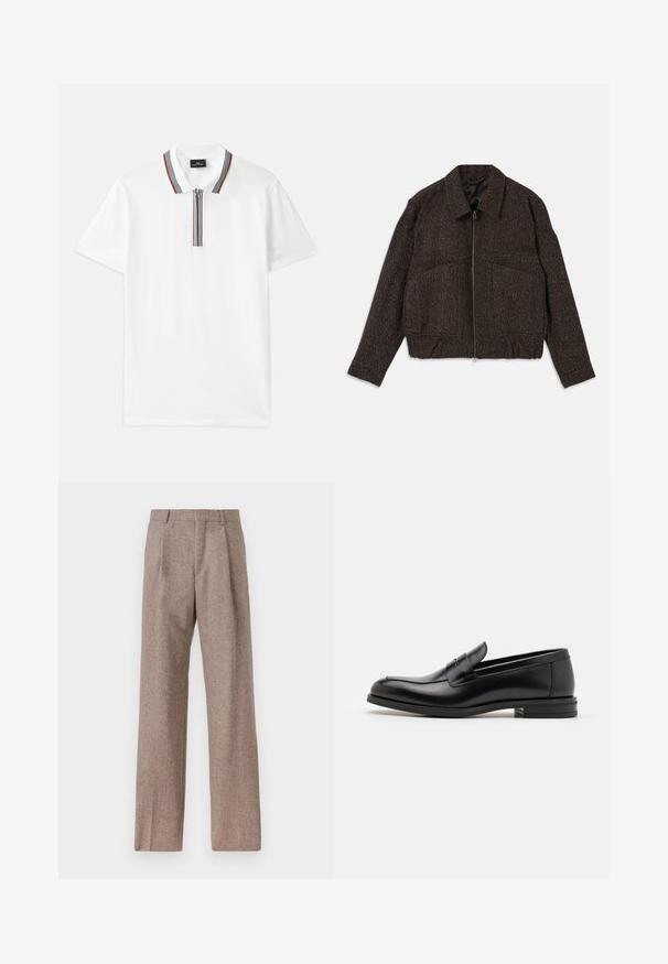 Hnědá texturovaná bunda se zipem, límečkem, dvěma předními kapsami a přiléhavým pasem. Materiál vypadá tkaný s jemným vzorem.; Bílá polo košile s límcem na zip, zdobená červenými, modrými a hnědými pruhy, s krátkými rukávy a hladkou, bavlněnou texturou.; Hnědé kalhoty s vysokým pasem vyrobené z texturované látky. Mají široké nohavice a dva přední sklady pro strukturu. Úhledné provedení bez viditelné kovových částí.; Černé kožené polobotky s hladkou texturou, zaoblenou špičkou a zdobným páskem přes nárt. Nízký stohovaný podpatek, minimalistický design.