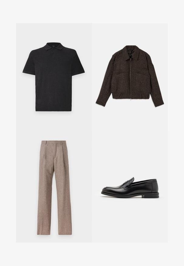 Ruskea tekstuurinen takki, jossa on vetoketjusuljenta, kauluspaita, kaksi etutaskua ja istuva vyötärö. Materiaali näyttää olevan kudottu hienovaraisella kuviolla.; Mustapaita sileästä kankaasta, jossa on klassinen kaulus ja kolme nappia. Lyhyet hihat, jotka ovat rentoa mallia.; Ruskejat, korkeavyötäröiset housut, jotka on valmistettu teksturoidusta kankaasta. Ominaisuuksina ovat leveät lahkeet ja kaksi etupuolelle ommeltua laskosta rakenteen tukemiseksi. Siisti viimeistely ilman näkyvää metalliosaa.; Mustat nahkakengät, joissa on sileä pinta, pyöreä kärki ja koristeellinen nauha jalkapöydän yli. Matala pinoitu koroke, minimalistinen muotoilu.