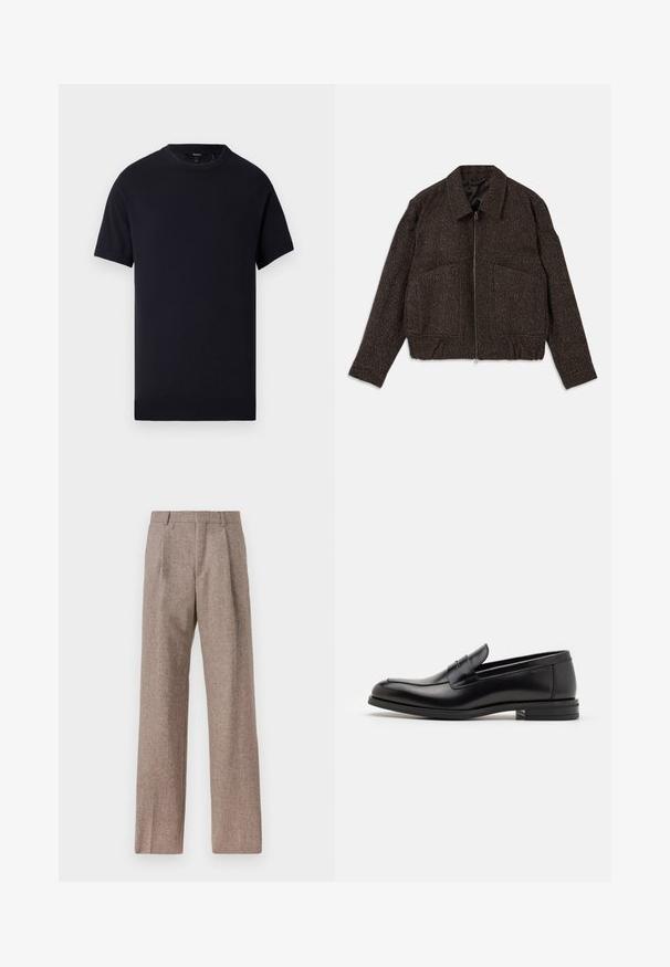 Brūns teksturēts žakets ar rāvējslēdzi, apkakli, divām priekšējām kabatām un pieguļošu vidukli. Audums šķiet austs ar smalku rakstu.; Tumši jūras zilas īsās piedurknes T-krekls, izgatavots no mīksta kokvilnas. Tam ir apaļa kakla izgriezums un taisna apakša, bez redzamām rakstām vai akcentiem.; Brūni, augstos šortos izgatavoti no teksturēta auduma. Iezīmē plašas kājas un divas priekšējās krokas, kas nodrošina struktūru. Kārtīga apdare bez redzamām detaļām.; Melnas ādas kurpes ar gludu tekstūru, noapaļu purngalu un dekoratīvu siksniņu pāri priekšpusei. Zems sakrauts papēdis, minimālisma dizains.