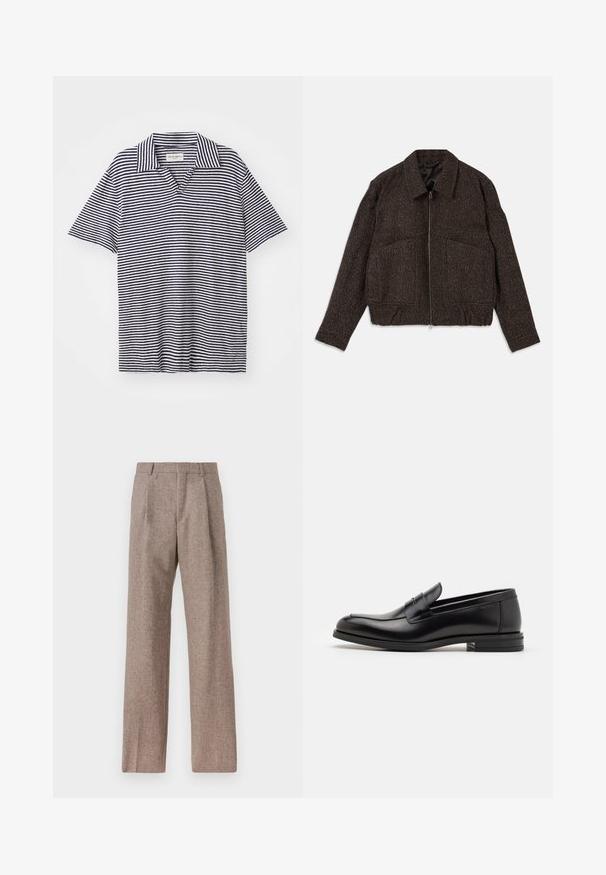 Brun texturerad jacka med dragkedja, krage, två framfickor och figurnära midja. Materialet ser ut att vara vävt med ett subtilt mönster.; Randig polo t-shirt med V-hals, i marinblå och vita horisontella ränder, korta ärmar och ett mjukt, lätt tyg.; Bruna, högmidjade byxor i texturerat tyg. Har vida ben och två framvikningar för struktur. Välavslutad utan synlig hårdvara.; Svarta läderloafers med en slät yta, rund tå och ett dekorativt band över främre delen. Låg staplad klack, minimalistisk design.