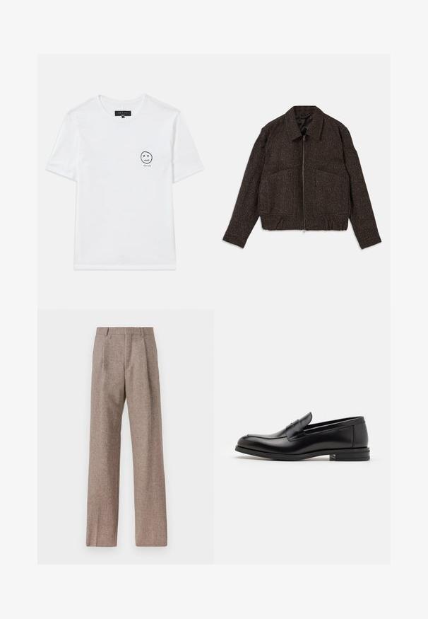 Veste texturée marron avec fermeture éclair, col, deux poches avant et taille cintrée. Le matériau semble tissé avec un motif subtil.; T-shirt en coton blanc avec un col rond et des manches courtes. Un petit graphique noir d'un smiley avec des yeux en 'x' sur le côté gauche de la poitrine.; Pantalons marron taille haute en tissu texturé. Présente des jambes larges et deux plis avant pour la structure. Finition soignée sans matériel visible.; Mocassins en cuir noir avec une texture lisse, bout rond et une sangle décorative sur le dessus. Talon bas empilé, design minimaliste.