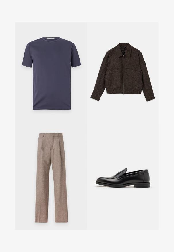 Brūns teksturēts žakets ar rāvējslēdzi, apkakli, divām priekšējām kabatām un pieguļošu vidukli. Audums šķiet austs ar smalku rakstu.; Jūras zila īsām piedurknēm T-krekls, izgatavots no gludas auduma. Iespējo kuplu kakla izgriezumu un smalkus izšuvumus. Minimālistisks dizains bez rakstiem.; Brūni, augstos šortos izgatavoti no teksturēta auduma. Iezīmē plašas kājas un divas priekšējās krokas, kas nodrošina struktūru. Kārtīga apdare bez redzamām detaļām.; Melnas ādas kurpes ar gludu tekstūru, noapaļu purngalu un dekoratīvu siksniņu pāri priekšpusei. Zems sakrauts papēdis, minimālisma dizains.