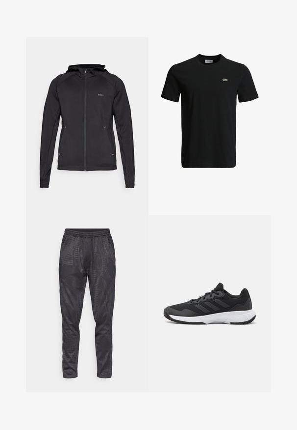 Sort atletisk jakke med lynlås foran, hætte og flade sømme. Har logo på øverste venstre side og reflekterende detaljer i bunden.; Sort bomulds T-shirt med rund halsudskæring, korte ærmer og et lille grønt krokodille-logo på venstre bryst. Glat tekstur, afslappet design.; Bukser med elastisk talje i mørkegrå stof med et geometrisk mønster og to sidelommer med lynlås. Taperet bendesign med en glat tekstur.; Sort atletisk sko med en struktureret overdel, tre vandrette striber og en hvid sål med et mønstret slidbane. Letvægts- og strømlinet design.