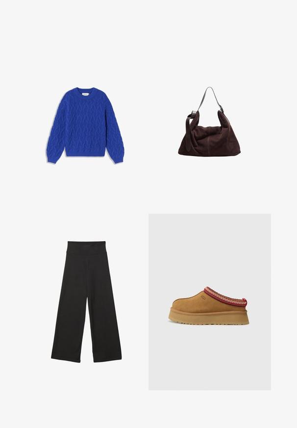 Karmelowa, sztuczna futrzana kurtka do talii z okrągłym dekoltem i długimi rękawami. Gładka struktura, miękki wygląd, brak widocznych zapięć i wzorów.; Thinking Mu CARMEN niebieski; Czarne spodnie szerokie z nogawkami, wyposażone w wysoki elastyczny pas, wykonane z miękkiego materiału i luźnym kroju, idealne do codziennego noszenia lub w luźniejszych okolicznościach.; Brązowy zamszowy but wsuwany z czerwono-kremowym ozdobnym wykończeniem, teksturowaną podeszwą i logo UGG z boku. Posiada lekko podwyższone podłoże.; Ciemnobrązowa surowa torba hobo na ramię z szerokim, regulowanym skórzanym paskiem oraz miękką, workowatą formą na białym tle.