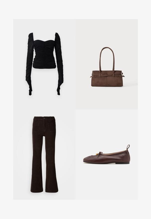 Bruine nepbont korte jas met een ronde halslijn en lange mouwen. Glad textuur, zachte uitstraling, geen zichtbare sluitingen of patronen.; Zwarte lange mouwen top met een gerimpelde textuur, off-shoulder ontwerp en een aansluitende pasvorm. Het materiaal lijkt rekbaar en glad.; Bruine corduroy wijde broek met een gestructureerde afwerking, voorzien van een sluiting met knopen aan de voorkant, riemlussen en twee achterzakken.; ALOHAS ROSALIND BALLET FLATS - Ballerina's - brown; Bruine suède handtas met twee stevige handvatten, een rechthoekige vorm en een decoratieve band over de voorkant.