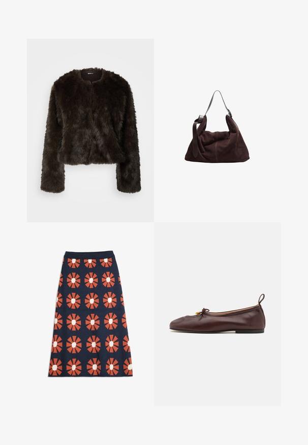 Brun imitationspäls kort jacka med rund halsringning och långa ärmar. Slät textur, mjuk utseende, inga synliga knäppningar eller mönster.; Vit oversized t-shirt i mjuk bomull. Har korta ärmar, rund halsringning och en avslappnad passform utan synliga mönster eller accenter.; Marinblå A-linje kjol med upprepande orange geometriska blomstermotiv som har vita mittpunkter och ett enhetligt midjeband.; ALOHAS ROSALIND BALLET FLATS - Ballerinaskor - brown; Mörkbrun mocka hobo axelväska med bred justerbar läderrem och mjuk, slapp design på vit bakgrund.