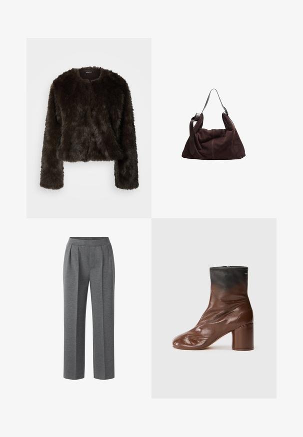 Giacca cropped in pelliccia sintetica marrone con scollatura rotonda e maniche lunghe. Texture liscia, aspetto morbido, senza chiusure o motivi visibili.; T-shirt bianco oversize realizzata in morbido cotone. Caratterizzata da maniche corte, un colletto tondo e una vestibilità rilassata senza modelli o dettagli visibili.; Pantaloni grigi a pieghe realizzati in tessuto morbido. Caratterizzati da un fronte piatto e gambe larghe, offrono una vestibilità comoda. Nessun hardware o accento visibile.; Stivaletto in pelle marrone con punta tonda, dotato di una finitura testurizzata, una parte superiore nera e un tacco spesso. Chiusura con zip sul retro.; Borsa a spalla hobo in suede marrone scuro con ampia tracolla in pelle regolabile e corpo morbido e sformato su sfondo bianco.